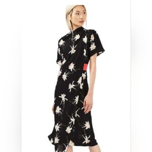 TOP SHOP Floral Black Dress Red Waist Detail.
